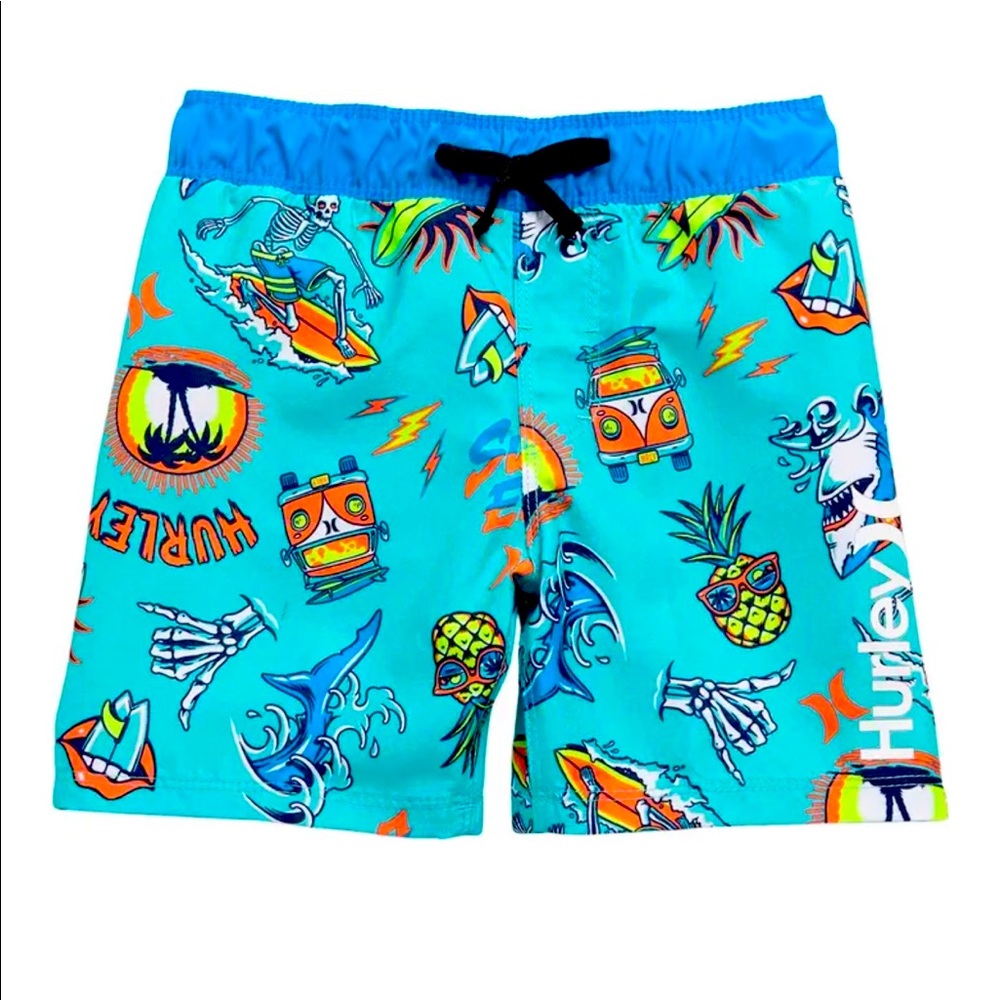 Hurley Toddler 2T Boys Scribble Shark Surf Skeleton Print Swim Trunks Sh…